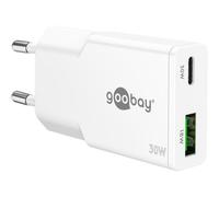 goobay Cargador USB-C rápido GAN Slim 30W con Doble Puerto, diseño extraplano, Carga Segura, Compatible con iPhone, Samsung, Xiaomi, iPad, Blanco, 75738