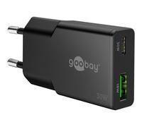 goobay Cargador rápido Dual USB-C GAN Slim 30 W, 1x USB-C PD y 1x USB-A QC, diseño extraplano, Carga Segura, Compatible con iPhone, Samsung, Xiaomi, iPad, Negro, 75737