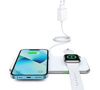 Cargador inalámbrico, 2 en 1 Caricatore Wireless per 14/14 Pro/13/13 Pro/12/12 Pro/11/X/8, Samsung S22/S21/ S20/ Note 20, Earphone 3/2/Pro, iWatch 8/7/6/SE /5/4/ 3/2(Adattatore Include)