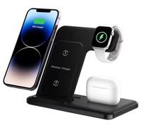 Cargador Inalámbrico 3 en 1 para iPhone, Samsung, Apple Watch y AirPods - Estación de Carga Rápida Universal 15W para Múltiples Dispositivos - Soporte Plegable Ideal para Casa, Oficina y Viaje (Negro)