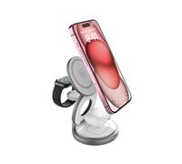Cargador inalámbrico 3 en 1 plegable de 15 W con carga rápida y rotación de 360 para teléfonos y auriculares Apple.