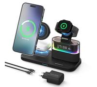 Cargador Inalámbrico 3 en 1 Qi2 15W Magnético para iPhone 17/16/15/14/13/12 Pro MAX, Apple Watch S10/9/8 y AirPods 4/3/2/Pro, Estación de Carga Rápida con Reloj LED y Luz RGB