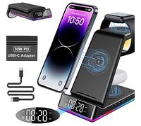 Cargador Inalámbrico, [30W PD Adaptador] Estación de Carga inalámbrica Plegable con Luz de Noche y Reloj Base Cargador Compatible con iPhone 14 Pro Max/14 Pro/14 Plus/13/12, iWatch, Air Pods(Negro)