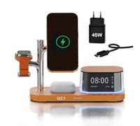 Cargador Inalámbrico 5 en 1 con Reloj Despertador, Altavoz Bluetooth y Luz Nocturna LED para MagSafe de MMOBIEL - Cargador Magnética Qi2.2 25W para iPhone, Apple Watch y AirPods - Naranja Cósmico