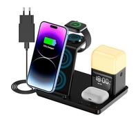 Cargador Inalámbrico 6 en 1, 15W Certificación Qi Wireless Charger con Luz Nocturna, Mostrar Hora y Despertador para iPhone 15 14 13 12 11 Pro Max Apple Watch Airpods Samsung Xiaomi Redmi Google Pixel