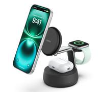 Belkin UltraCharge Pro Cargador Inalámbrico 3 en 1, 25W, Cargador Qi2 Compatible con MagSafe, Estación de Carga para iPhone 16, Apple Watch, AirPods, Pixelsnap con Ventilador y Adaptador 45W, Negro