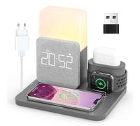Cargador Inalámbrico,COLSUR 6 en 1 Estación de Carga Inductiva con 15W Lámpara de Mesa,Despertador para iPhone 16 Pro MAX/15/14/13/12,Apple Watch 9 8 7 6 5 4 3,Airpods Pro,Samsung con Adaptador QC3.0