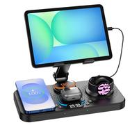 Cargador inalámbrico de 30 W para Samsung Estación de carga plegable Android para Galaxy Tab con reloj digital y luz ambiental de 7 colores, cargador de reloj para S25 Ultra/S24, para Samsung Watch7