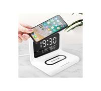 Cargador inalámbrico LED, despertador, temperatura, 10 W - iPhone 11 X 8 Galaxy S10 S9 - Blanco
