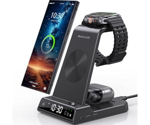 Cargador Inalambrico para Samsung, 3 in 1 Wireless Charger para Samsung für Galaxy S25 Ultra/S24/Z Fold 6/Z Flip 6, Base de Carga con Reloj Digital para Galaxy Watch Ultra/7/6, Galaxy Buds Pro 2
