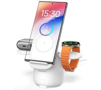 Cargador Inalámbrico para Samsung, Estación de Carga Inalámbrica 3 en 1 para Galaxy S25 Ultra/S24/S23/Z Flip 7/Z Fold 7, Base para Galaxy Watch 8/Ultra/7/6/5/Buds, SwanScout 707S (No Adapter)