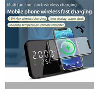 Cargador inalámbrico portátil, reloj despertador con cargador inalámbrico de 15 W, pantalla LED digital grande regulable, monitor de temperatura