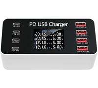 Cargador Inteligente multifunción de 65 W con 8 Puertos USB-C y USB-A, PD3.0 + QC3.0 de 30 W y Pantalla LCD para Smartphones, iPads, Tablets, Auriculares Bluetooth y Otros Dispositivos.