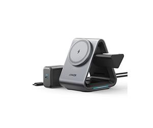 Cargador MagSafe, Anker 737 MagGo Charger (estación 3 en 1) con Carga rápida de 15 W MAX Certificado MFi, para iPhone 14/13/12 Series, Apple Watch S8/7/6, AirPods 3/Pro (Cargador USB-C 30 W Incluido)