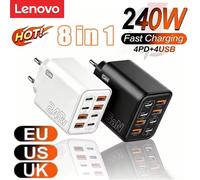 Cargador Multi-Puerto Lenovo 2026 de 240W, Carga Súper Rápida para Smartphone, 4 Puertos USB y 4 Tipo-C, Adaptador para UE, EE. UU. y Reino Unido