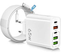 Cargador Múltiple 65W 5 Puertos USB C + Cable Tipo C, Cargador de Móvil de Red Carga Rápido PD QC3.0. Compatible con Móviles Samsung, iPhones. Cavo USB-C y Cargador Rápido Múltiple 65w
