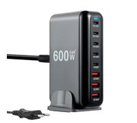 Cargador múltiple de 600 W, 8 puertos USB, ganador de la prueba GAN cargador rápido PD PPS 140 W estación de carga Multi Charger Station con 5 USB-C 3 USB-A fuente de alimentación múltiple para
