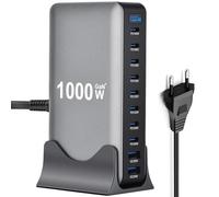 Cargador múltiple GaN4 USB C de 1000 W - 8 puertos USB-C (140 W/100 W) y 2 puertos USB-A (20 W QC) - Cargador multidispositivo compacto, compatible con ordenadores portátiles, iPhone 15/16, Galaxy