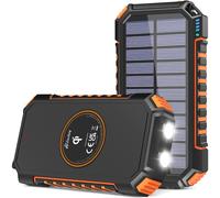Cargador para exteriores, batería externa solar de 26800 mAh con recarga rápida, carga inalámbrica, cables de carga integrados y linternas duales