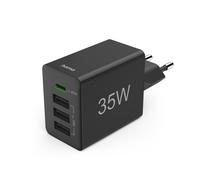 Cargador rápido, 1 USB-C PD, 3 USB-A, mini-cargador, 35W, negro