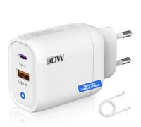 Cargador Rápido 30W con 2 Puertos USB Conectividad Tipo C + Tipo A y Cable Incluido USB C - Enchufe Inteligente Compatible con iPhone + Samsung + Xiaomi - Certificado CE - Color Blanco | 3-Stars