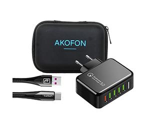 Cargador rápido 36w USB,Quick Charge 3.0 Cargador USB de Pared 5 Puertos de Cargador Móvil Rápido Cable 3.0 para Xiaomi, Xr/Xs/X/8Plus/ 8, Samsung Galaxy S10/S9/S8+Huawei Akofon (Black)