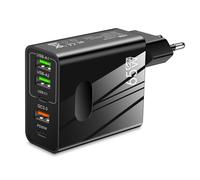 Cargador Rápido 65W con 5 Puertos USB con 2 Tipo C y 3 Tipo A - Carga Rápida QC 3.0 Compatible con iPhone + Samsung + Xiaomi - Enchufe Inteligente con Certificado CE - Color Negro | 3-Stars