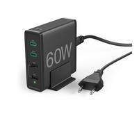 Cargador Rápido De 4 Puertos, 2 X USB-C PD/QC, 2 X USB-A, 60 W, Negro