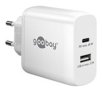 Goobay 65410 Cargador Dual 65W / USB-C & USB-A Cargador rápido Power Delivery/Cargador con 2 Puertos USB/Cargador para teléfono móvil, iPad, Tablet, etc.
