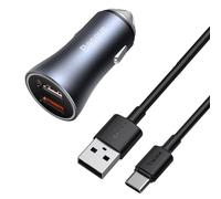 Cargador Rápido Para Coche 40W 12-24V 2xUSB; Cable USB-C 1m, Gris Oscuro, Baseus