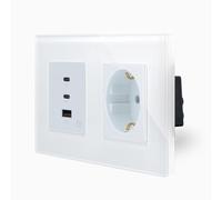 Cargador rápido USB-A/C de 65 W + enchufe Schuko, incluye marco de cristal para enchufe de pared empotrable, color blanco