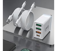 Cargador Rápido USB C 32W con 4 Puertos Quick Charge 3.0, Enchufe Múltiple para iPhone 12 11 XR, Samsung S20 - Incluye Cable Tipo C