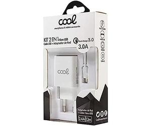 Cargador Red Conector Micro-USB Universal 3Amp (Carga Rápida) Cool Kit 2 En 1 Blanco