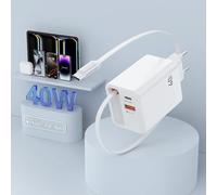 Cargador retráctil de 40 W para iPad iPhone 15 16 con cable USB C 2.1FT, 3 en 1 elementos esenciales de viaje para cargador iPhone Enchufe de carga rápida para iPhone serie 16/15