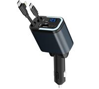 Cargador retráctil de coche 5 en 1 de 120 W y 30 minutos de carga rápida de flash, transmisor FM inalámbrico Bluetooth, adaptador de cargador de coche tipo C + USB-A, compatible con iPhone 17/16/15/14