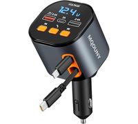 Cargador retráctil para coche, 5 en 1, cargador rápido de teléfono de 90 W, adaptador de transmisor FM Bluetooth 5.3, llamadas manos libres, 2 cables retráctiles y cargadores USB para iPhone 15/14/13