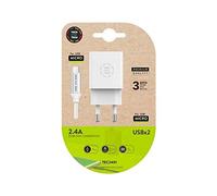 Cargador tech one tech 2.4 doble usb + cable braided nylon micro usb android longitud 1 mt color blanco