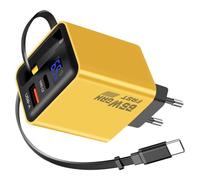 Cargador USB-C 3 en 1 GaN de 65 W con cable retráctil (65 cm) - USB-C + USB-A, amarillo - Compatible con MacBook, iPhone, Galaxy y Swit