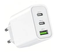 Cargador USB C, 65 W, 3 puertos, cargador rápido con puertos USB C y USB A (blanco)
