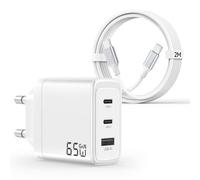Cargador USB C 65W, Carga Rápida 3 Puertos PD3.0 & QC3.0, GAN II con Cable USB C Trenzado 2M, Compatible para MacBook Pro/Air, para Samsung Galaxy S25/S24/S23/S22 Ultra, para iPhone 16/15