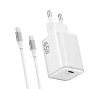 Cargador USB C 65W, Carga Rápida PD3.0 PPS Adaptador Portátil GAN II con Cable USB C Trenzado 2M, Compatible para Samsung Galaxy S25/S24/S23 Ultra, para iPhone 16/15, MaxBook Pro/Air (Blanco)