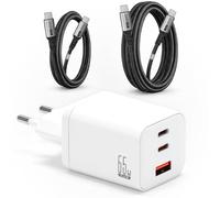 Cargador USB-C 65W GAN 3 Puertos + 2 Cables USB-C 100W (1 m + 2 m) USB 3.2 Negro, Carga Ultra Rápida PD, 2 USB-C + 1 USB-A, Compatible con MacBook iPhone Samsung