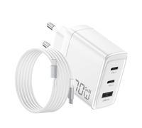 Cargador USB C 70W para Macbook, Carga Ultra Rápida 3 Puertos PD3.0 & QC3.0, GAN II Compacto con Cable Trenzado 2M, Compatible para MacBook Pro/Air, para iPhone 17/16, para iPad, Galaxy, Pixel