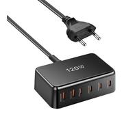 Cargador USB C - Cargador de escritorio para ordenador - Equipo de carga rápida de 120 W 6 puertos para ordenador portátil, smartwatch y dispositivo móvil en avión, tren, hotel y