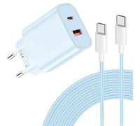 Cargador USB C de 20W - Carga Súper Rápida de Doble Puerto con Cable Trenzado USB C de 2M, Adecuado para iPhone 16/15, para Tableta etc | Azul