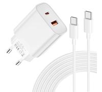 Cargador USB C de 20W - Carga Súper Rápida de Doble Puerto con Cable USB C de 2M, Adecuado para iPhone 16/15, para Samsung Galaxy, para iPad, para Pixeli etc (Blanco)