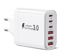 Cargador USB C, enchufe cargador múltiple con 3xUSB C y 3xUSB A, 50 W 6 puertos cargador rápido PD 3.0 adaptador de corriente USB fuente de alimentación compatible con iPhone 16/15/iPad/Galaxy S23/S24