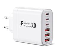 Cargador USB C, enchufe cargador múltiple con 3xUSB C y 3xUSB A, 52 W 6 puertos cargador rápido PD 3.0 adaptador de corriente USB fuente de alimentación compatible con iPhone 16/15/iPad/Galaxy S23/S24