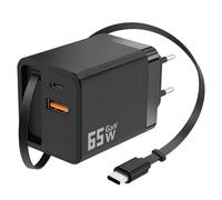 Cargador USB-C GAN 65W 3 en 1 con Cable Retráctil Cargador Rápido Multi USB C GaN de 3 Puertos con Cable de Carga Retráctil de 70cm para iPhone 16/15/14 Pro Max, Galaxy S25 Ultra, iPad, Huawei Pura 70