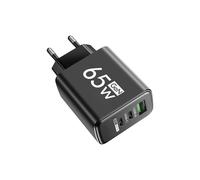 Cargador USB C GaN PD65W con 3 puertos de carga rápida QC3.0. Compatible con iPhone 15 y 16. Cargador de pared Samsung Xiaomi negro (UE).